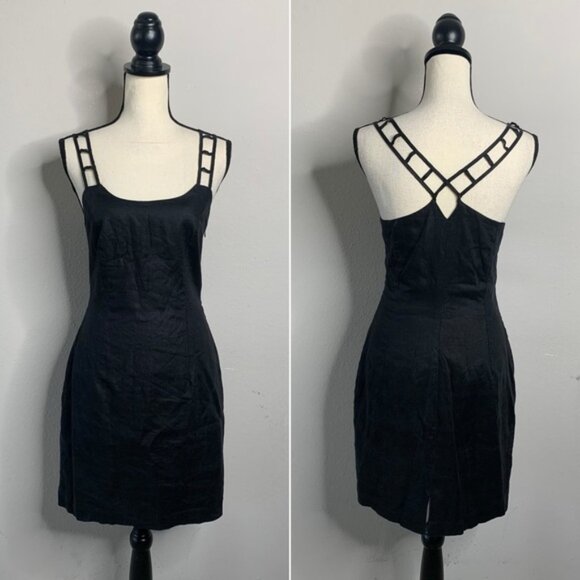 Andrea Polizzi for Rex Lester Black Linen Strappy Cutout Crisscross Mini Dress - Picture 2 of 13